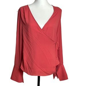 Trouve Wrap Blouse Top XS Tie Waist Bell Cuffs Plunge VNeck Sheer Overlay Salmon